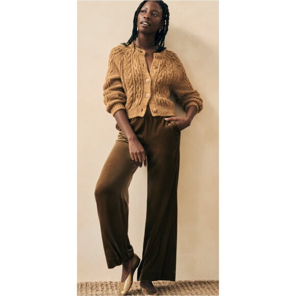 Faherty Pants - FAHERTY Silk Velvet Genevieve Pull On Wide Leg Pants in Breen Gold Bronze Sz XL